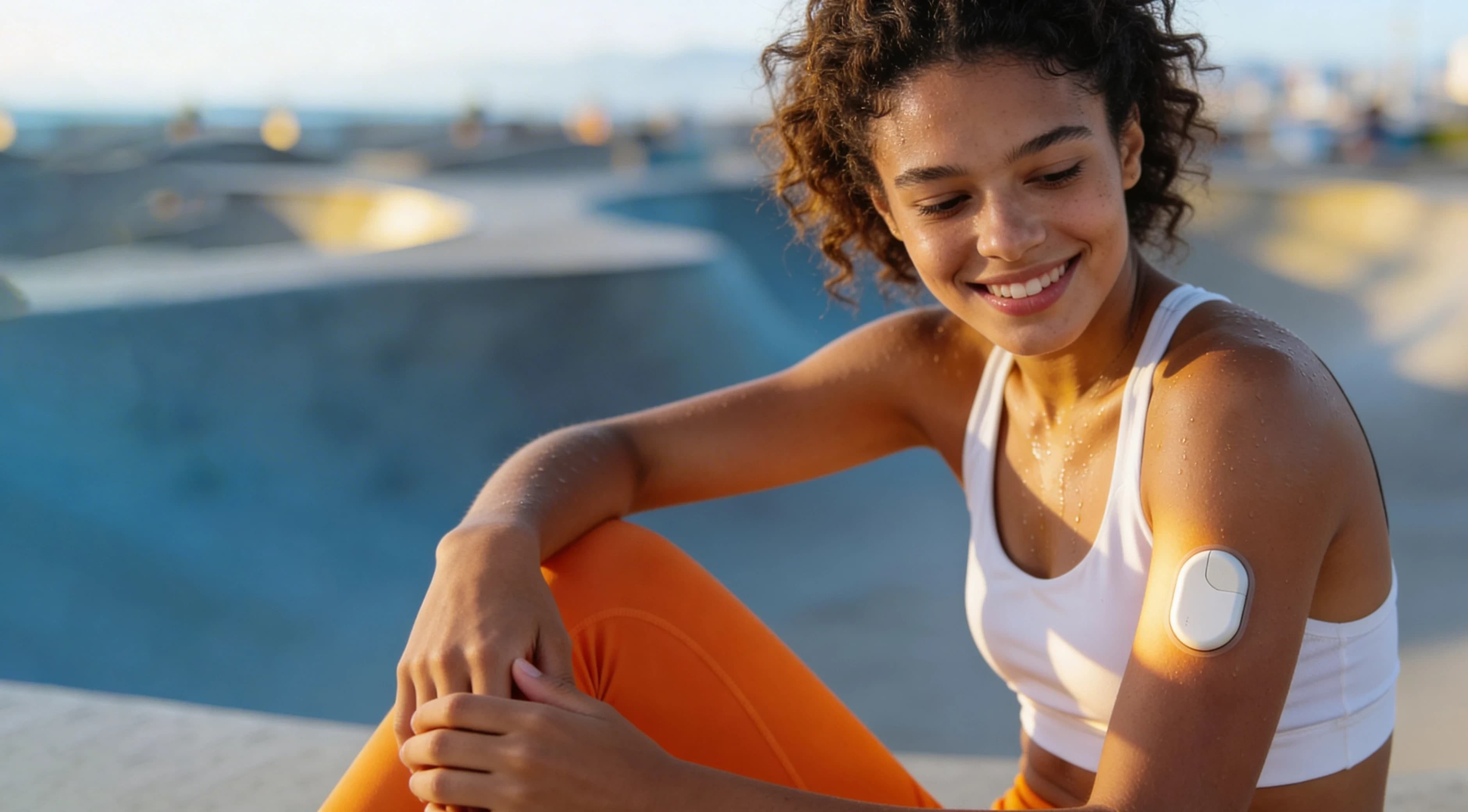 Happy sportswoman using Numa pump